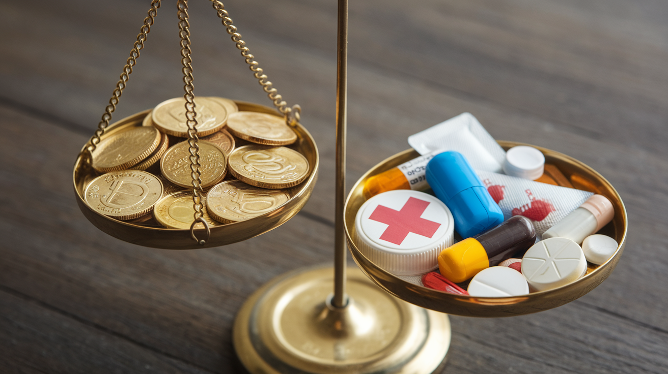 Waage mit Medikamenten und Geld
